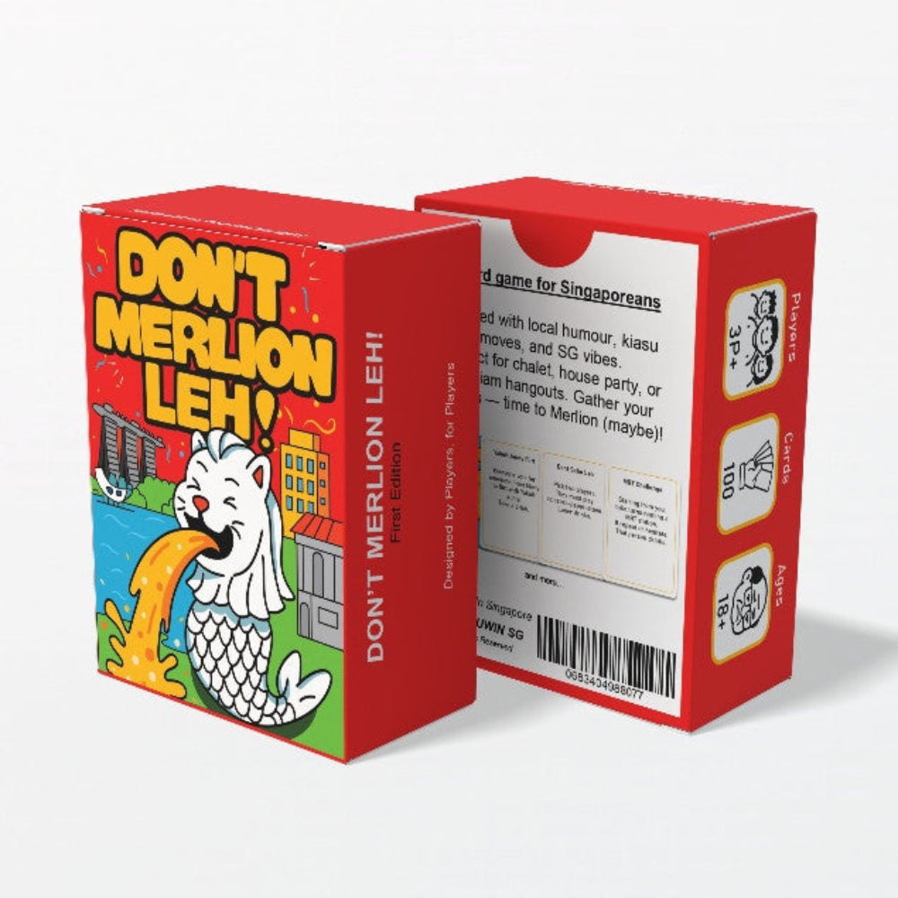 Card game packaging for 'Don't Merlion Leh!' with colorful design and text.