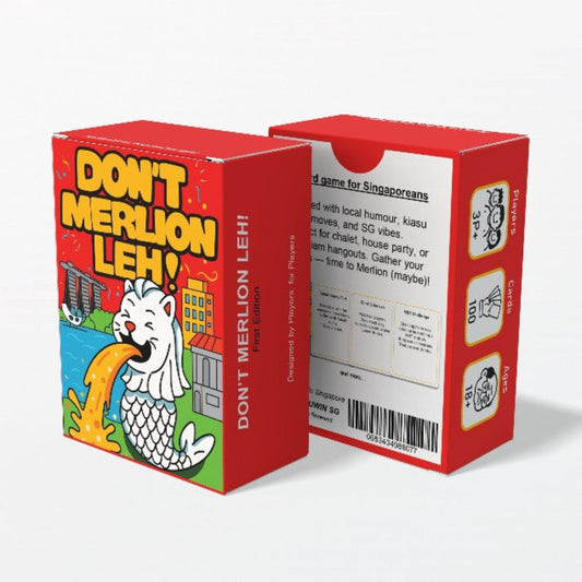 Card game packaging for 'Don't Merlion Leh!' with colorful design and text.