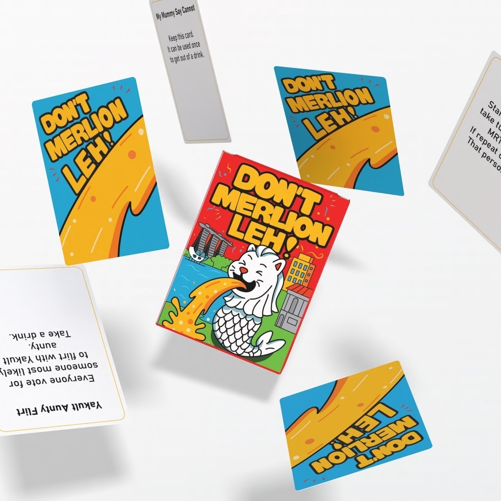 Colorful game cards with 'Don't Merlion Leh!' text and graphics on a white background